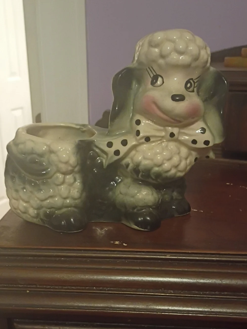 Vintage Ceramic Poodle Planter in Cream and Gray - Unbranded
